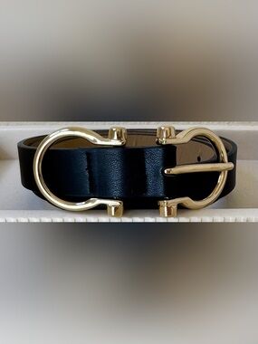 LP Blue Black Belt Gold Horsebit Buckle Equestrian Preppy Quiet Luxury Size M